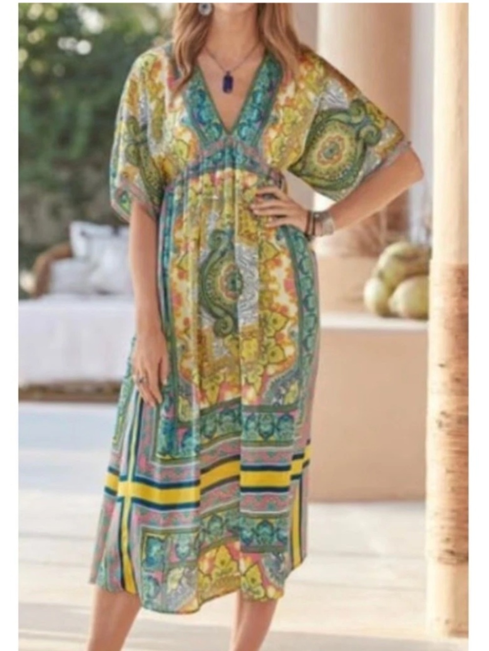 Sundance Bella Verona Kimono Sleeve Scarf Print Satin Midi Dress Sz S